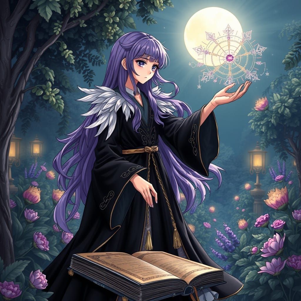 Mystical Manga Sorceress Weaves Magic in Moonlit Garden