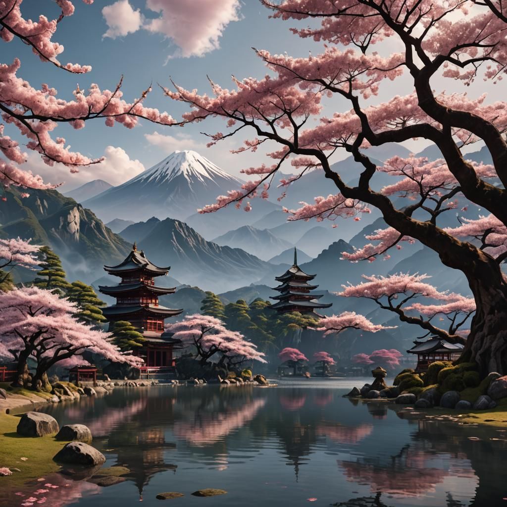 Sakura Tree by Lake: Fantastical Matte Painting