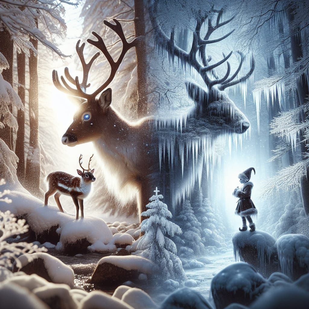 Double Exposure Winter Scene: Reindeer and Elf in Snowstorm