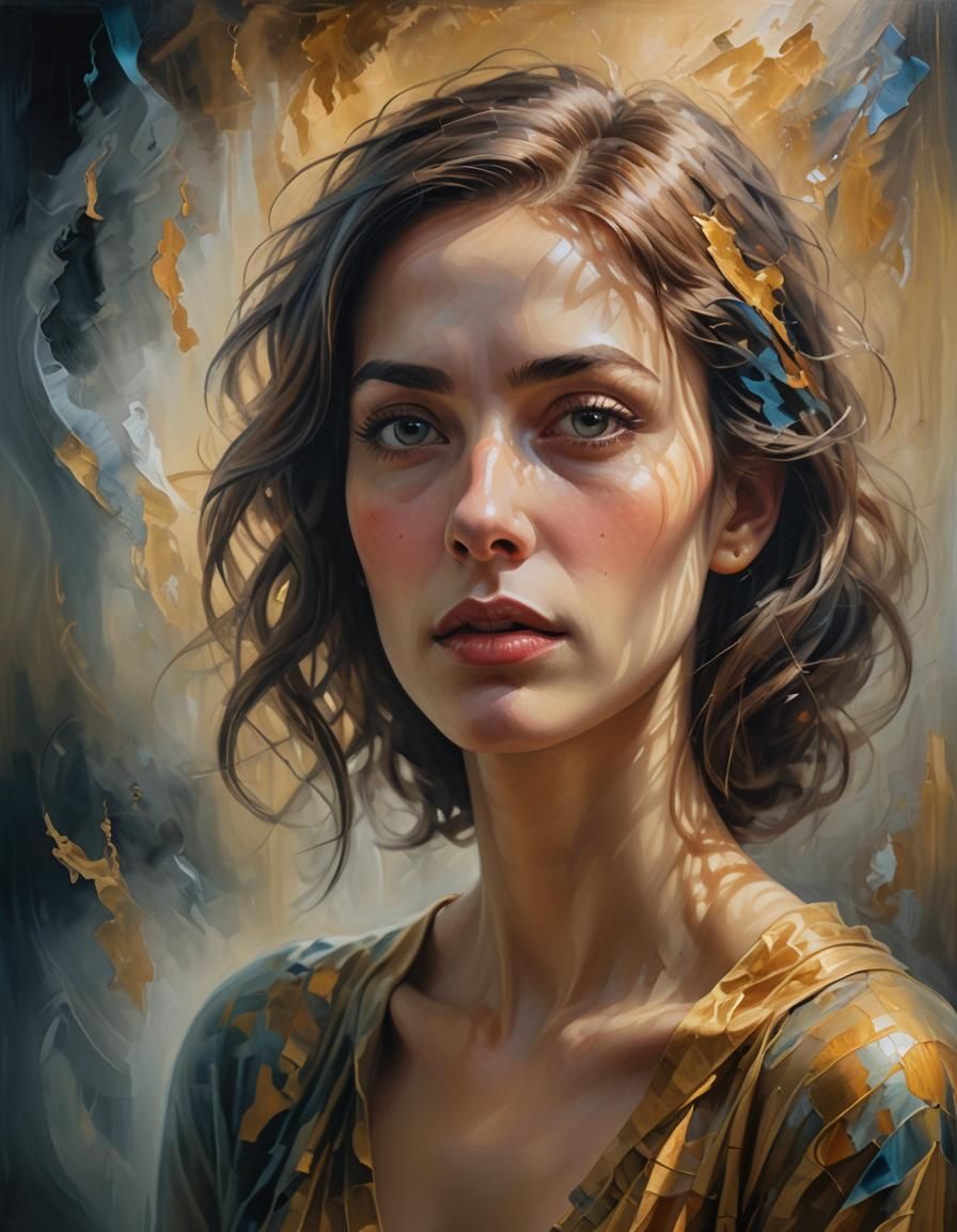 Introspective Woman in Dreamlike, Surreal Oil Painting