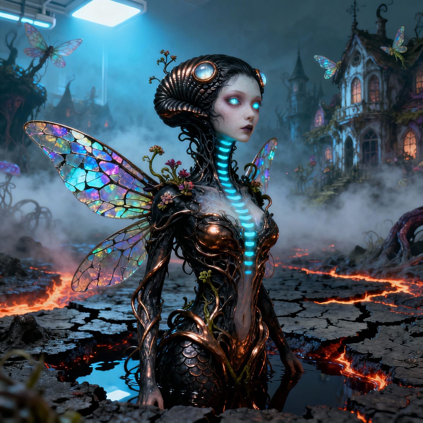 Nature Goddess Pixie in Foggy Village, Horror Cinematic Styl...