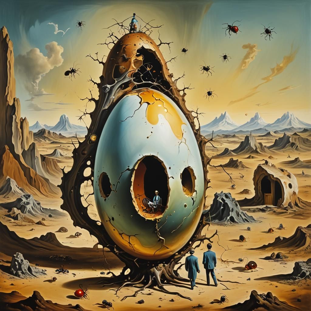 Man emerging from an egg in a Salvador Dali surrealist lands...