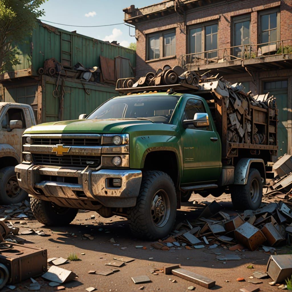 Epic 3D Truck Scene with Utility Trailer and Scrap Metal