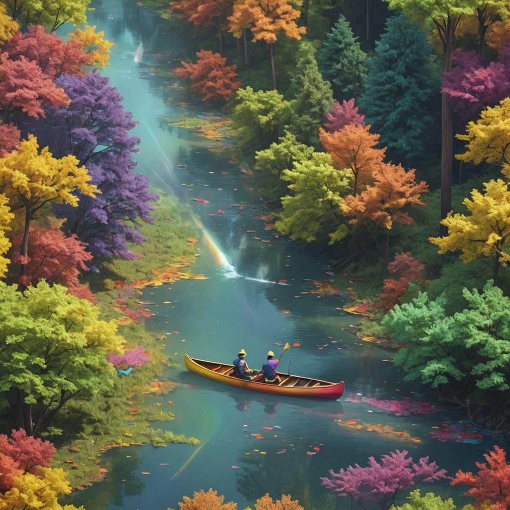 canoe in a rainbow river multicolored trees shadowy animal f...