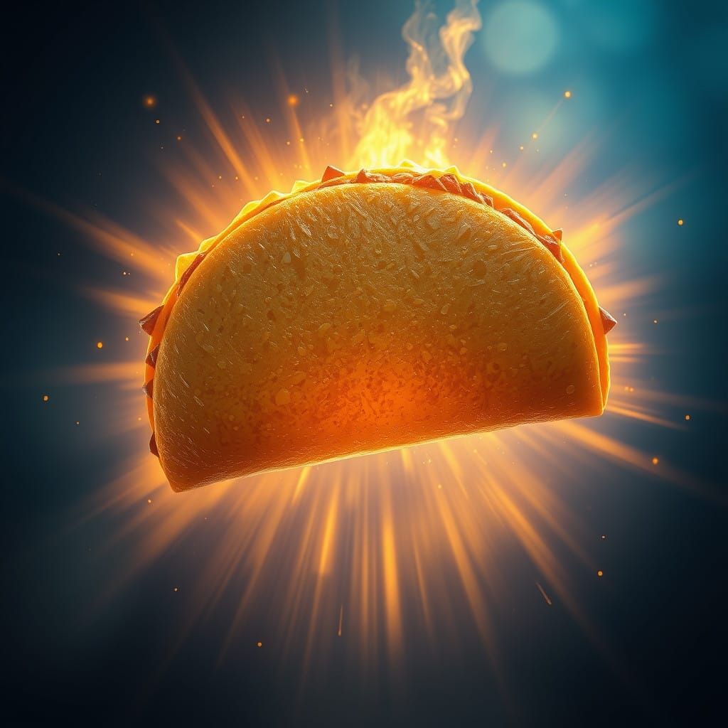 Majestic, Glowing Taco in Mid-Air with Golden Aura