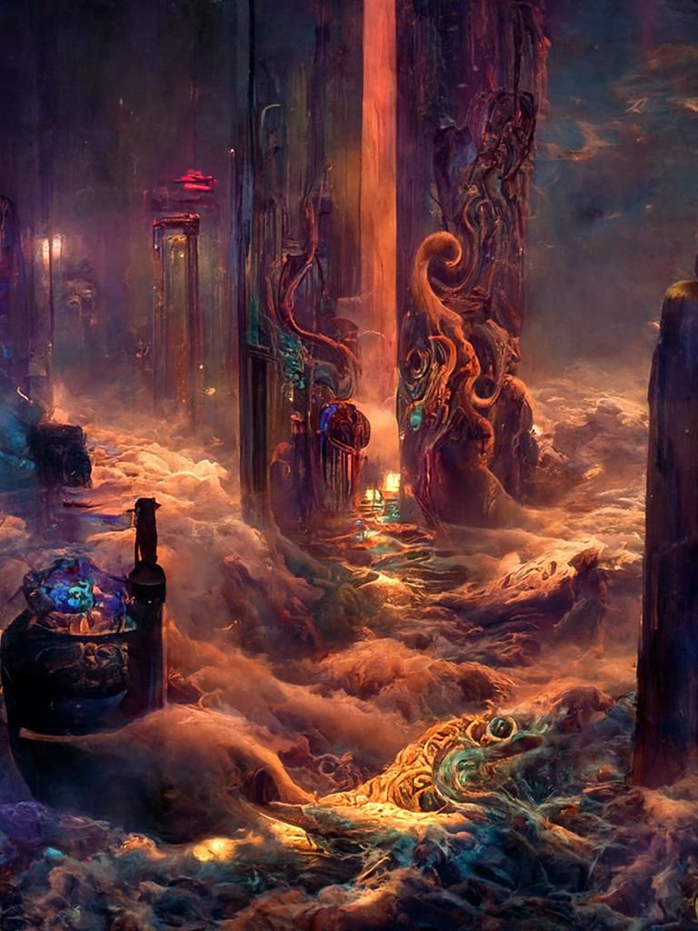 Bioluminescent Octopuses in Fantasy Alchemist Tavern Cellar