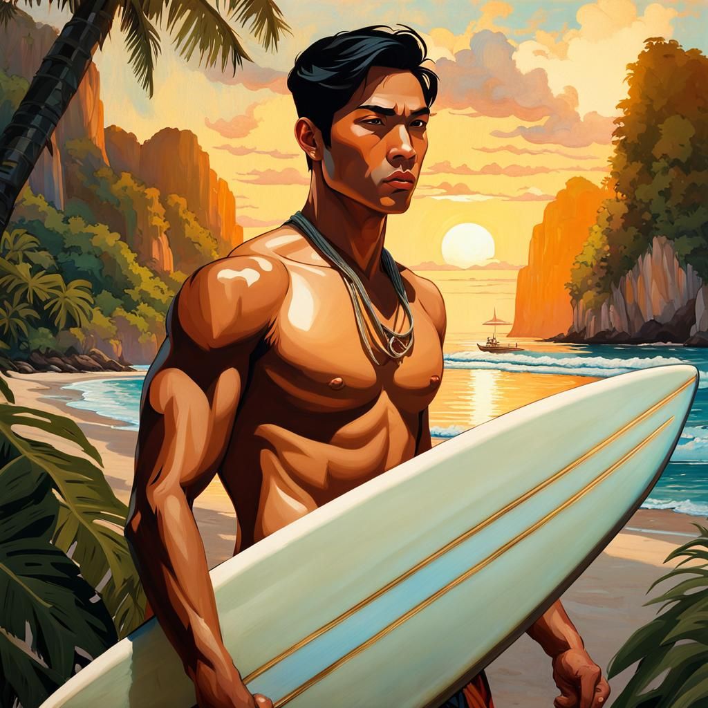 Androgynous Surfer on Railay Beach at Sunset