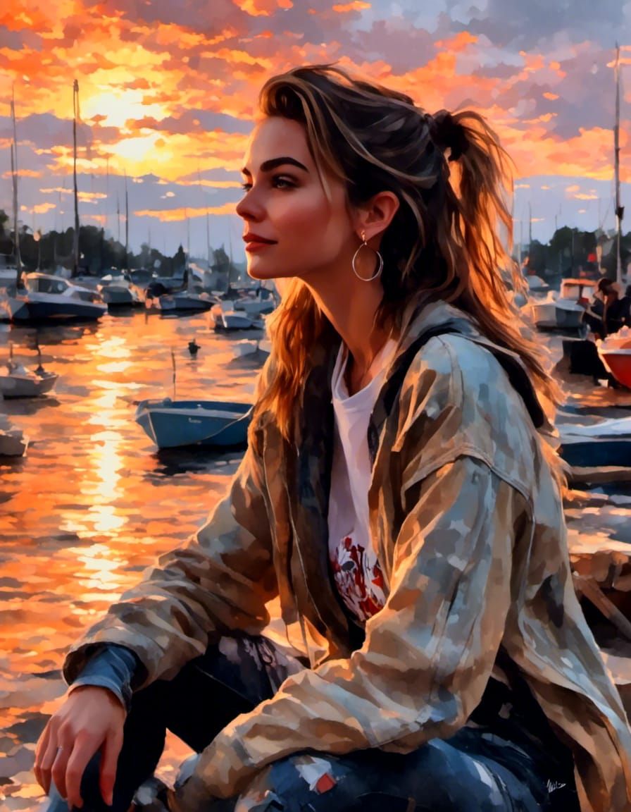 Tomboy Silhouette at Sunset in Gouache Style