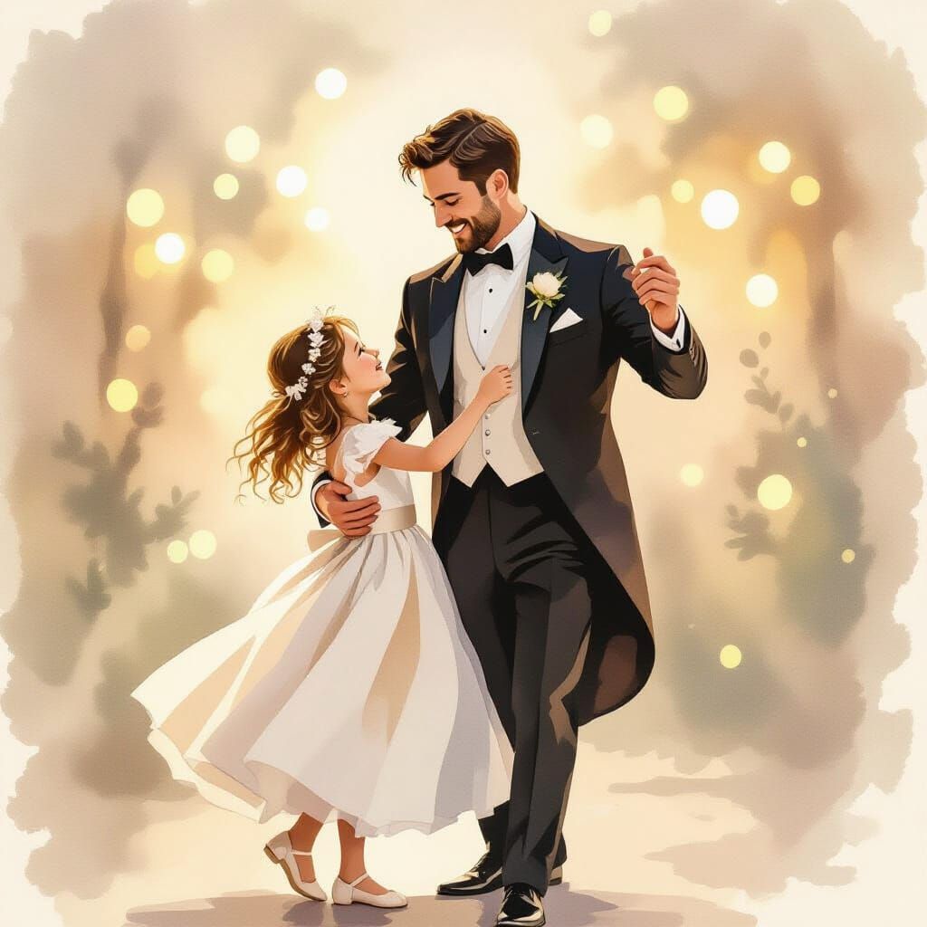 Father and Daughter Dancing in Watercolor Style