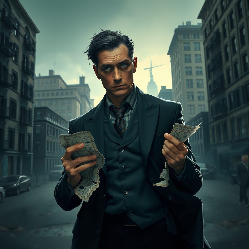 Man in Turmoil Amidst Cityscape in Moody Cinematic Style