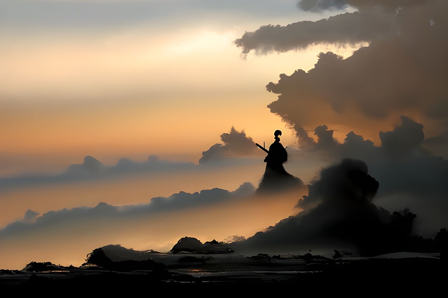 Silhouette Warrior at Sunset: Ukiyo-e Style