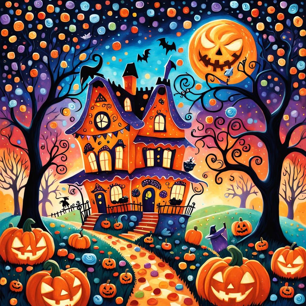 Whimsical Halloween Night Felt Art with Flying Pumpkins