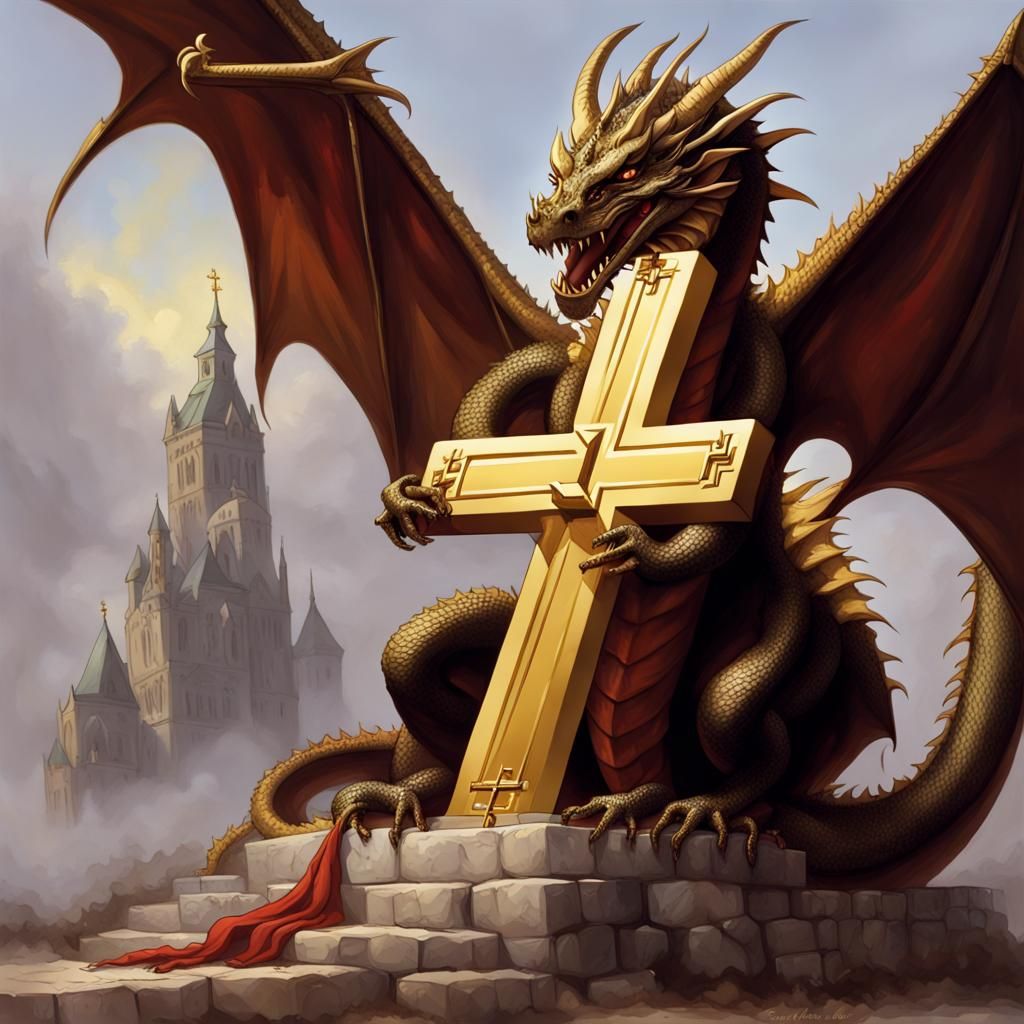 Sinister Dragon Biting Gold Cross Artwork