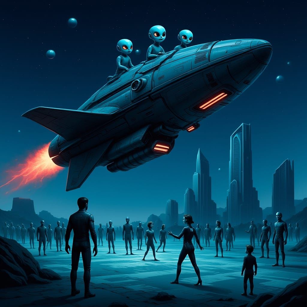 Aliens Visit Earth in Futuristic Cityscape