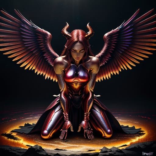 Surreal Fallen Angel in Iridescent Aura, Crimson Metallic Wi...