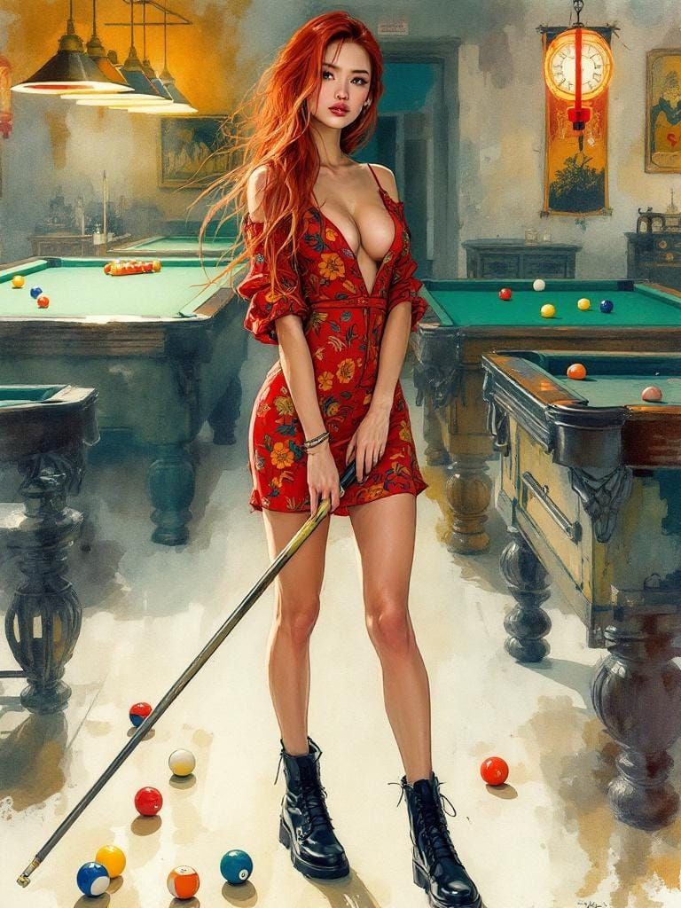 Woman in Red Dress with Pool Cue on Turquoise Felt
