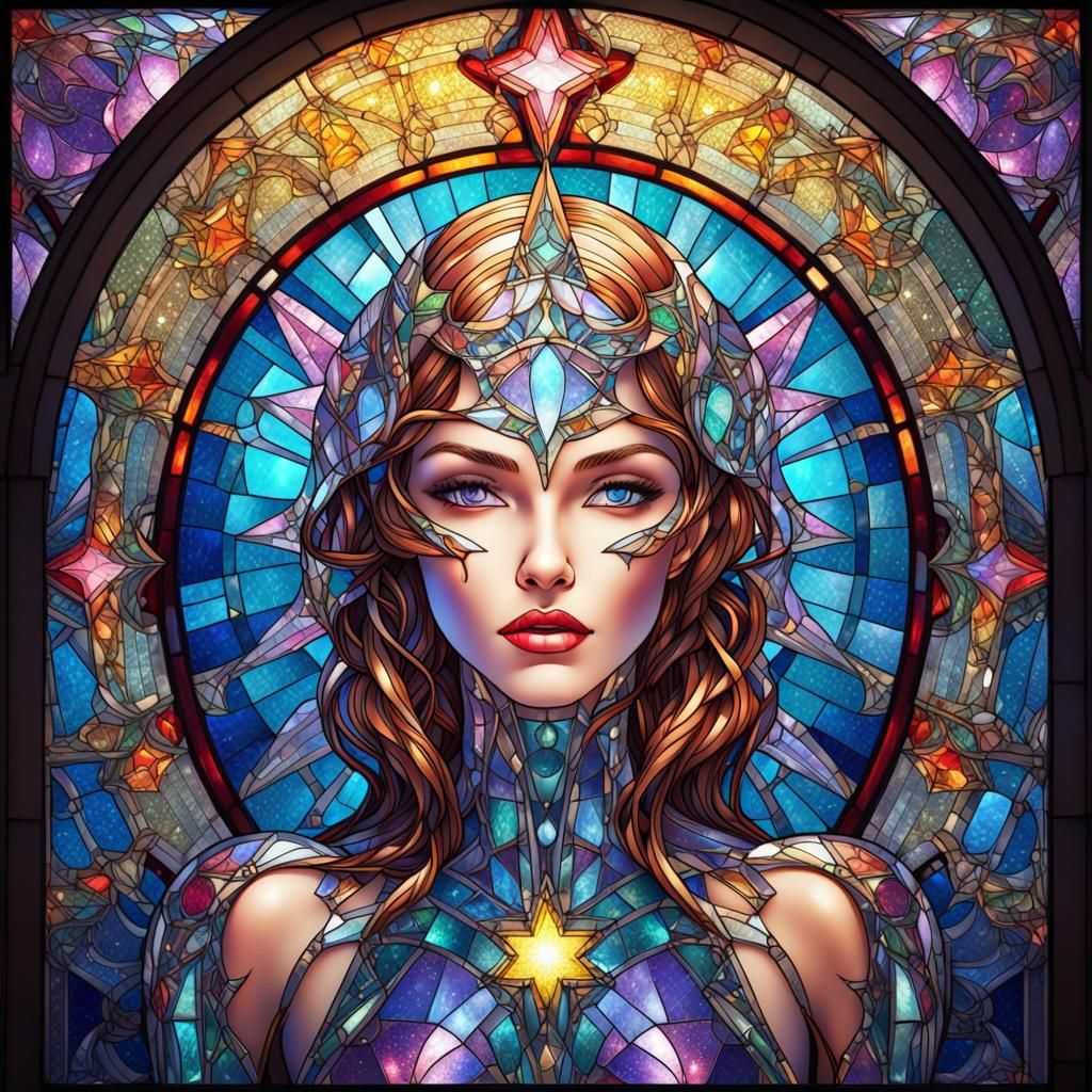 Cyber-Woman in Stained Glass Style Window