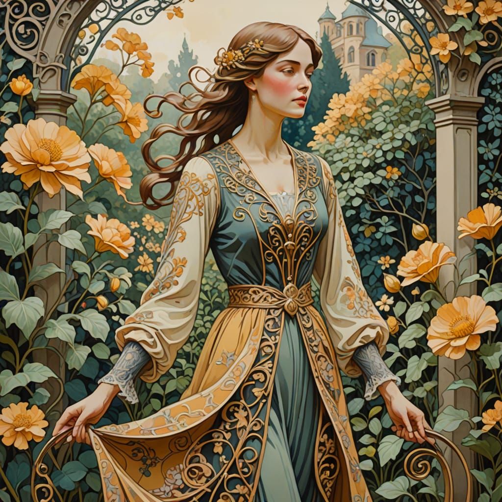 Art Nouveau Woman in Garden, Gouache Painting
