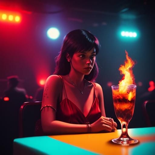 Woman in Red Silk at Smoky Bonfire Disco