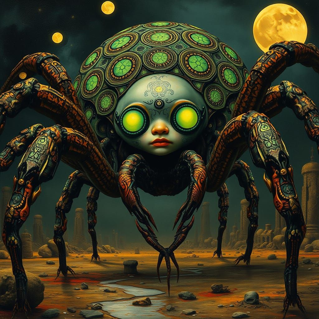Surreal Klimt-Inspired Horror Scene with Arachnid and Post-A...