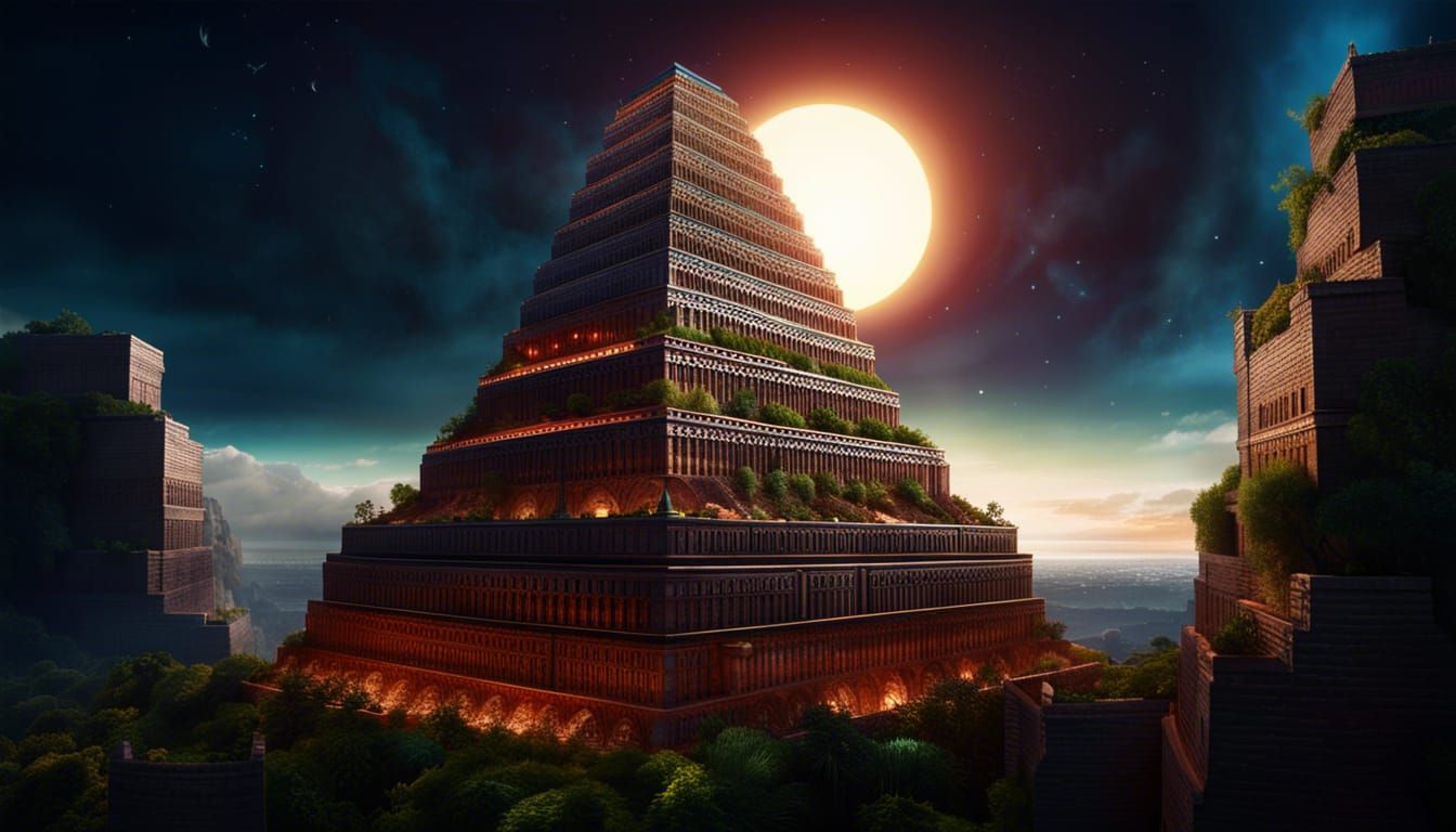 Cinematic Tower of Babel with Hanging Gardens