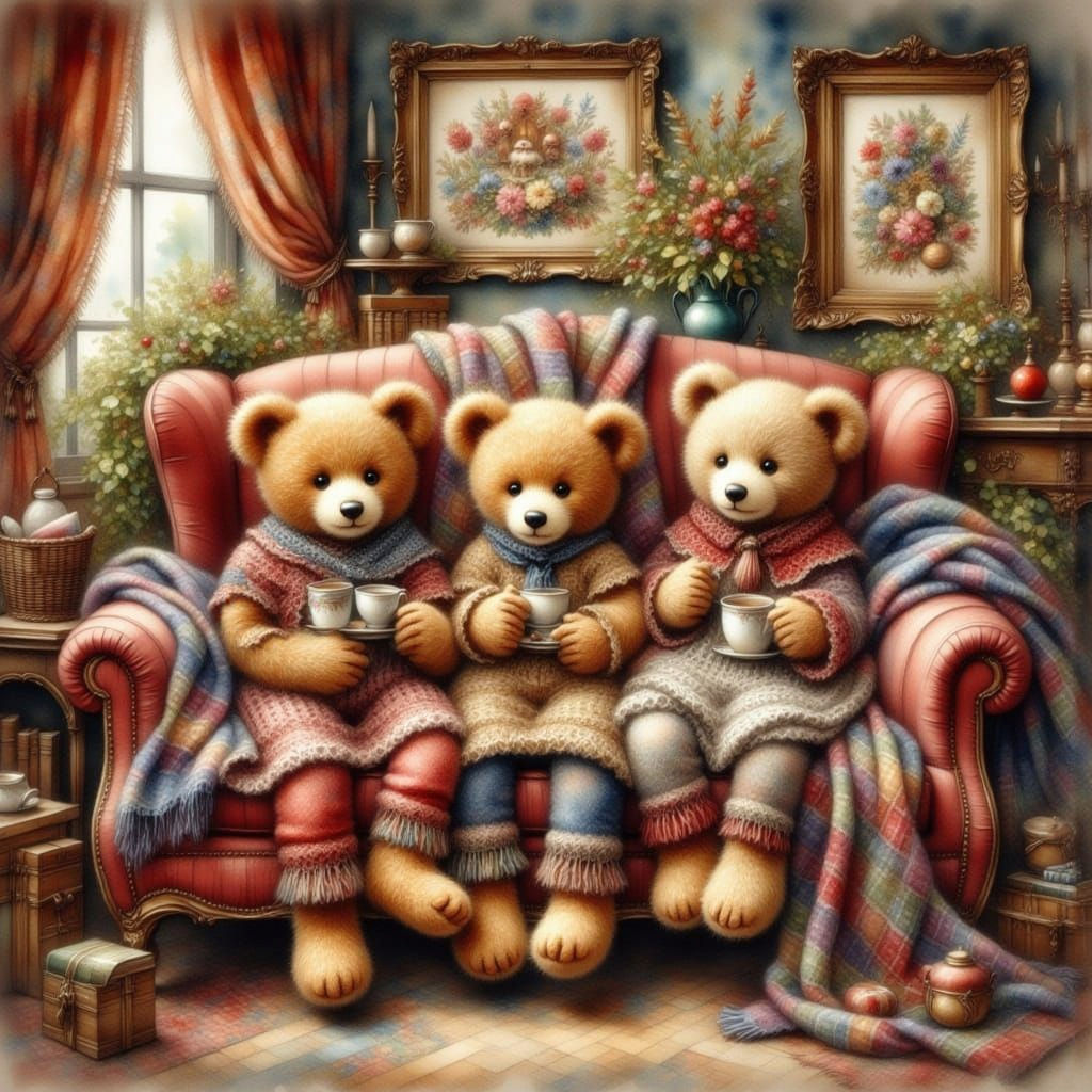 Teddy Bears' Cocoa Party in Watercolor Style