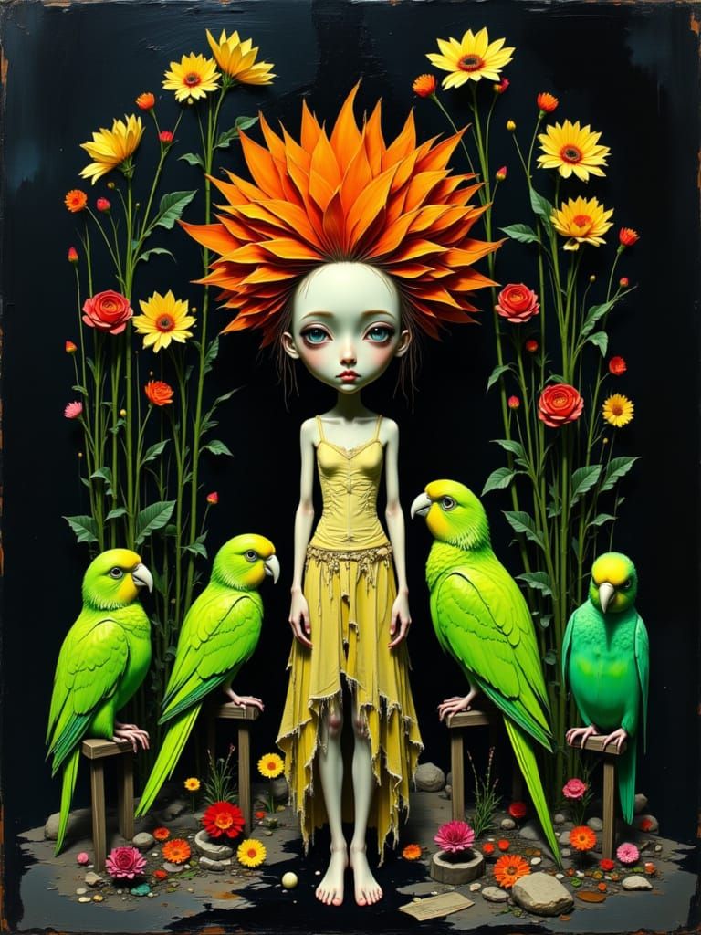 Whimsical Girl with Neon Birds in Collage Art