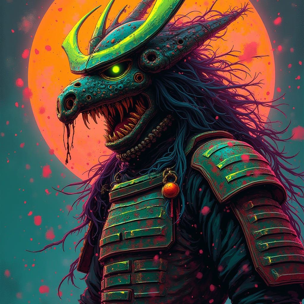 Vibrant Neon Samurai in Retro Wave Style