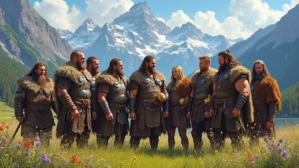 Viking Warriors in a Lush Meadow, Surrounded by Majestic Mou...