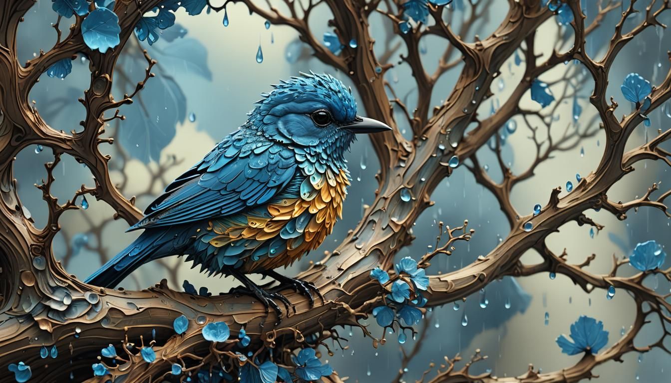 Woodcut Mandelbulb: Newborn Blue Bird Close-Up