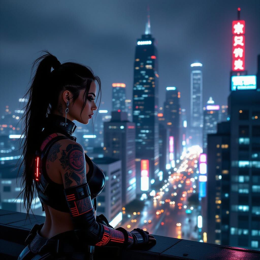 Cyberpunk Woman Gazing at Futuristic Cityscape