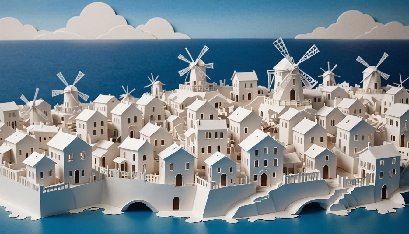Kirigami Greek Village with Windmills and Blue Sea