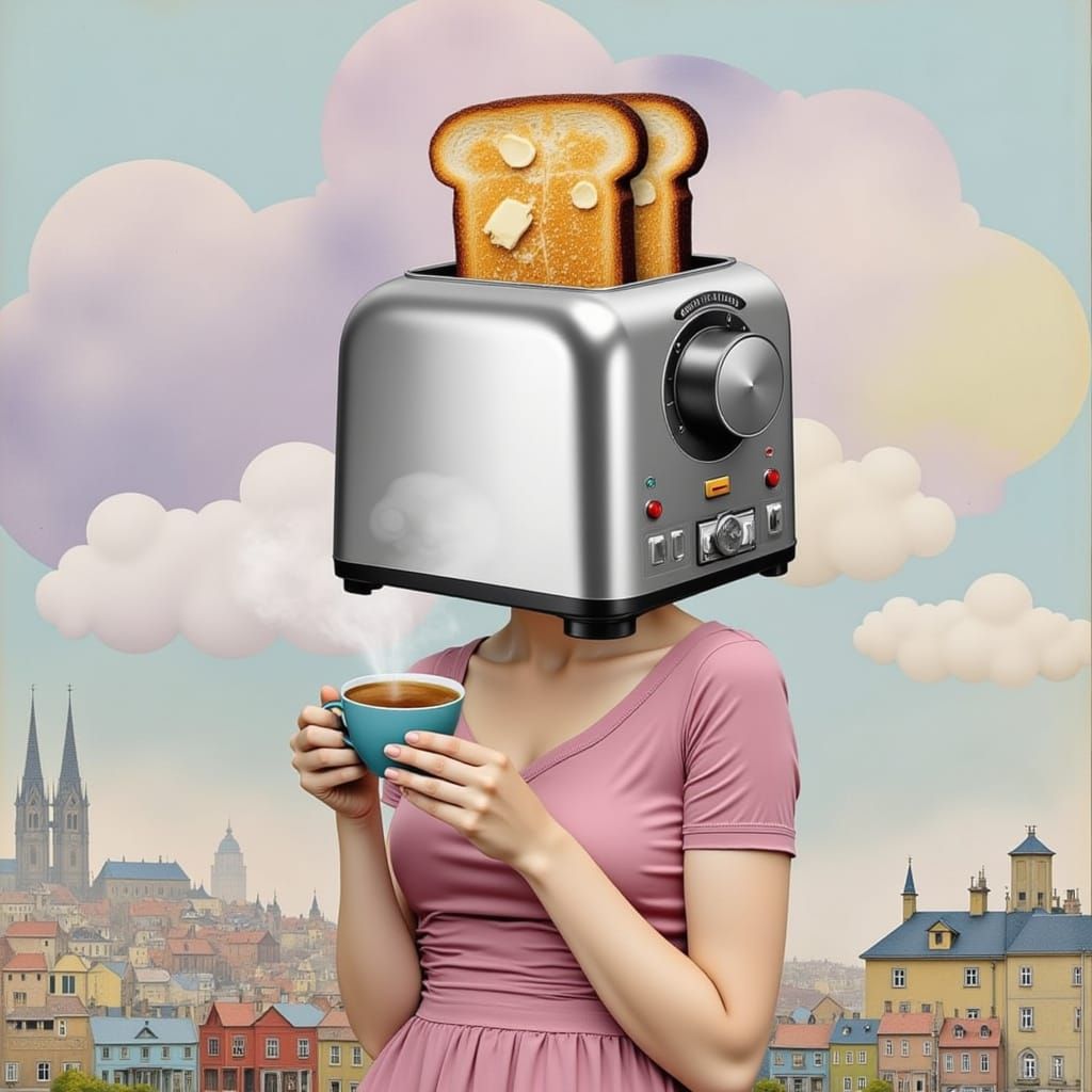 Surrealist Whimsy: Woman's Coffee-Thoughts Toasted in Vibran...