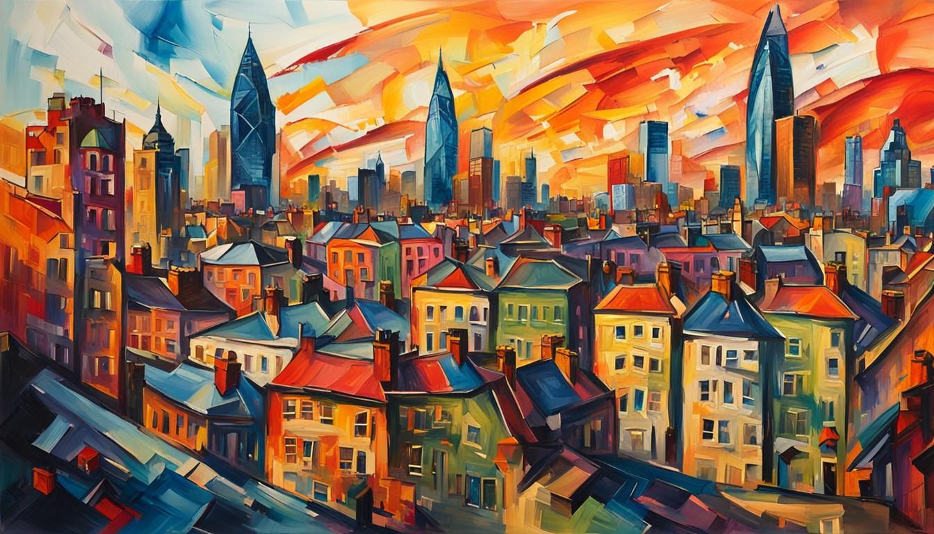 Expressionist London Skyline in Gouache Watercolor Style