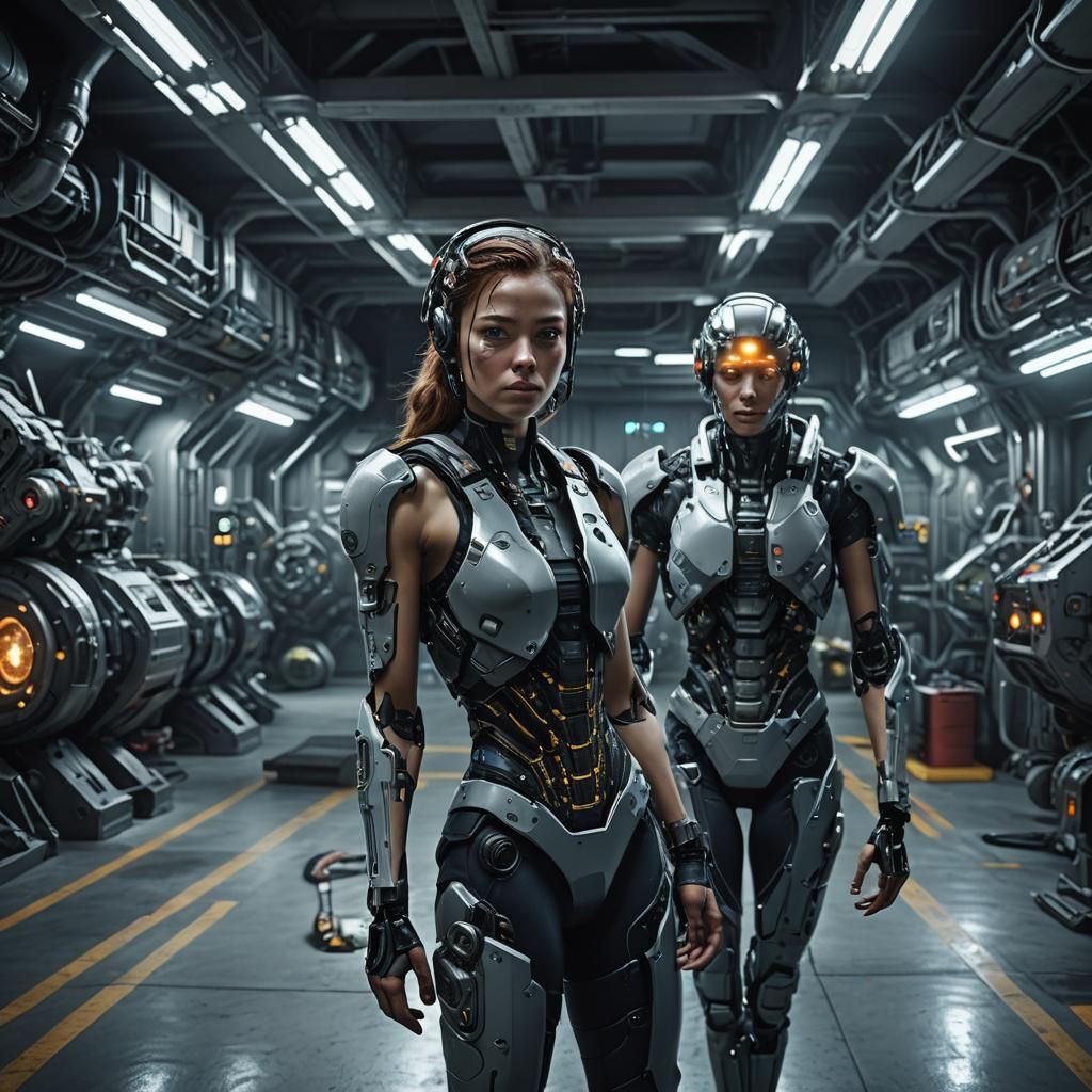 Cyborg Woman in Spaceship Garage with Electronic Augmentatio...