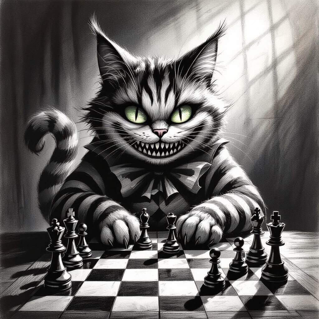Cheshire Cat Grinning While Playing Chess in Gothic Style