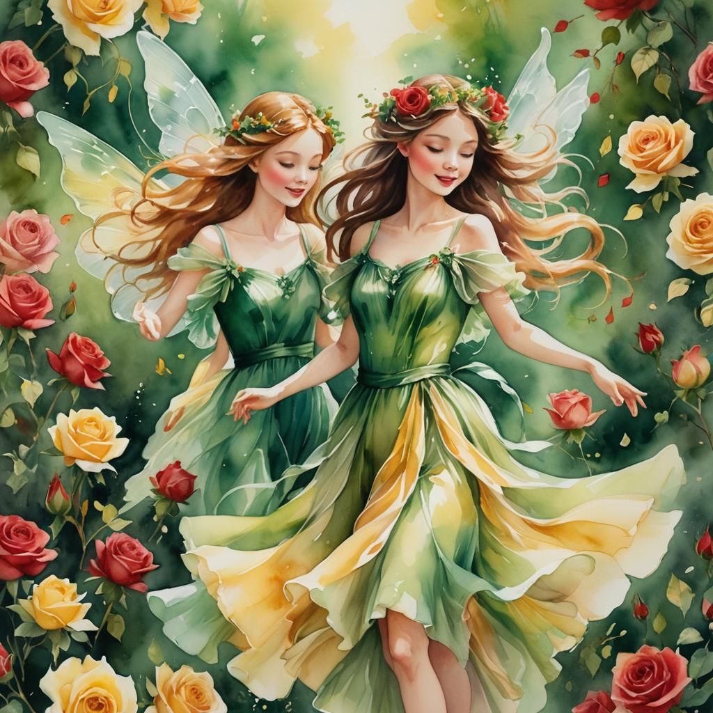 Fairies in Flight Among Roses, Watercolor Style