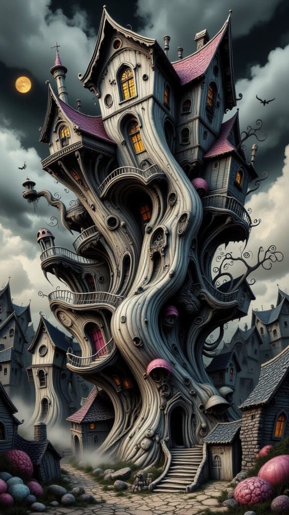 Surreal Wonky Houses in a Whimsical Noir Dreamscape
