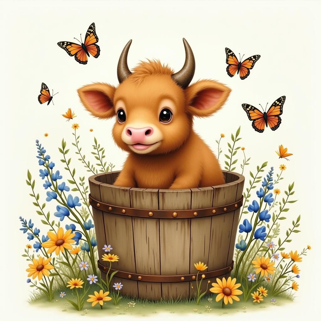 Highland Calf in Bucket with Butterflies