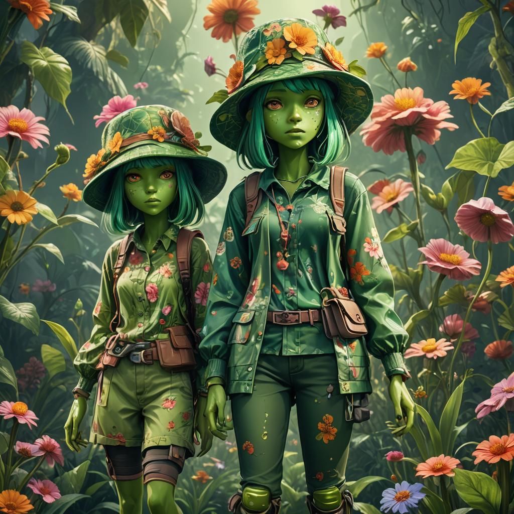 Exotic Green-Skinned Women in a Mystical Landscape