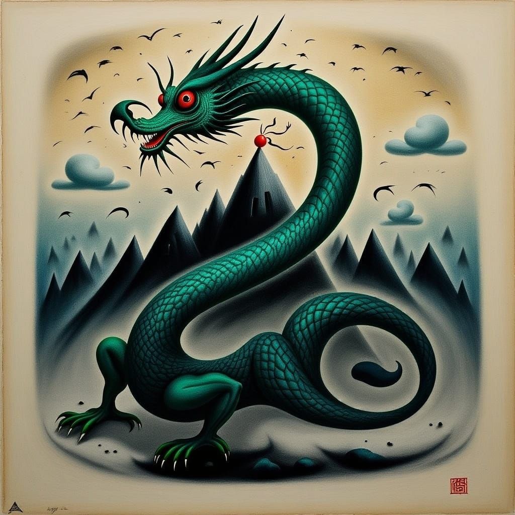 Majestic Chinese Dragon Coiled on Misty Peak