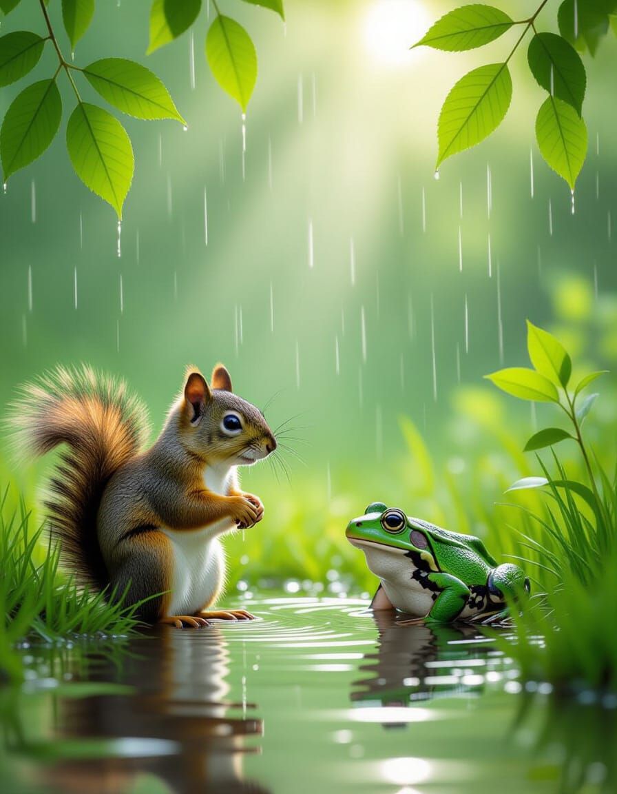 Squirrel and Frog in Gentle Summer Rain