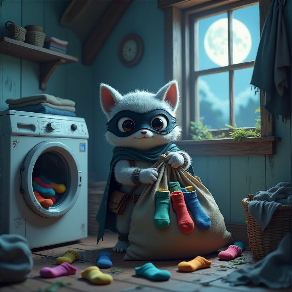 Sock Thief in Moonlit Laundry Room