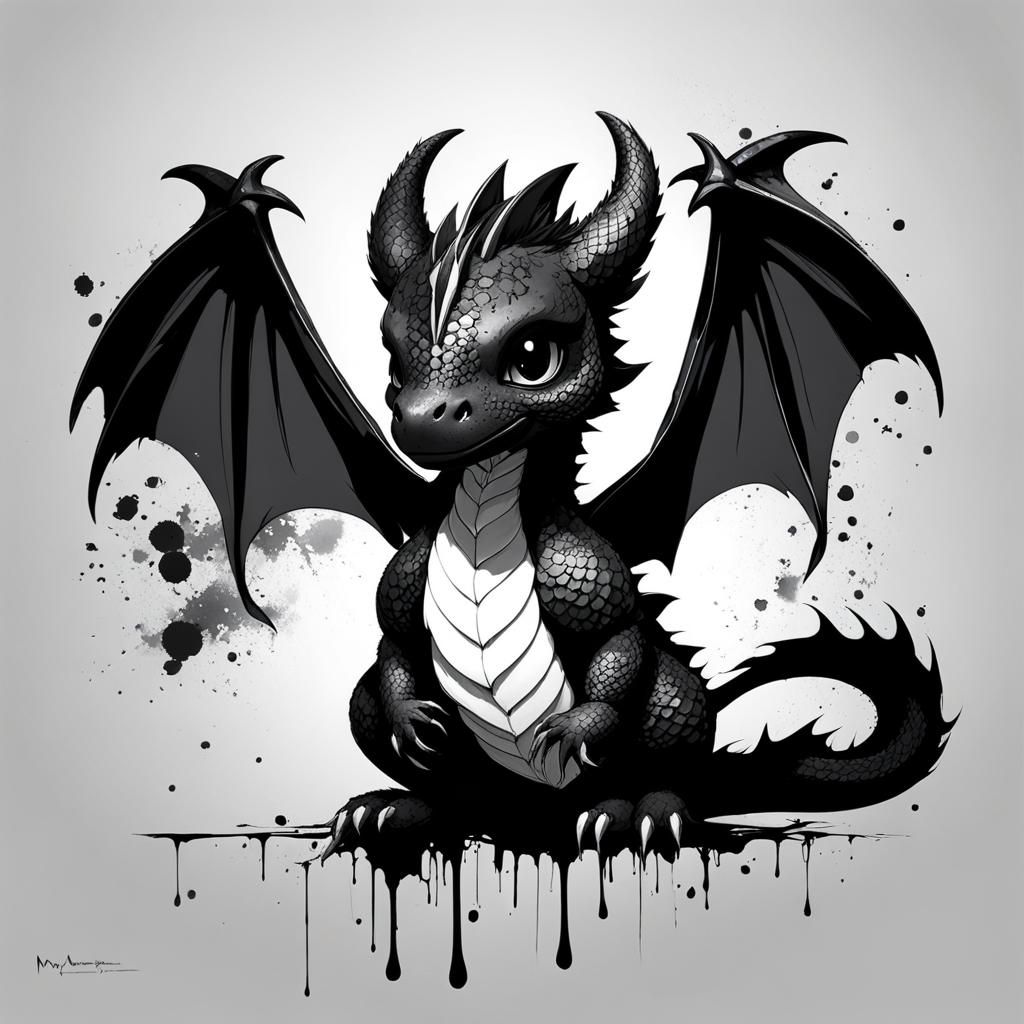 Cute Chibi Dragon with Ink Splatter Effect