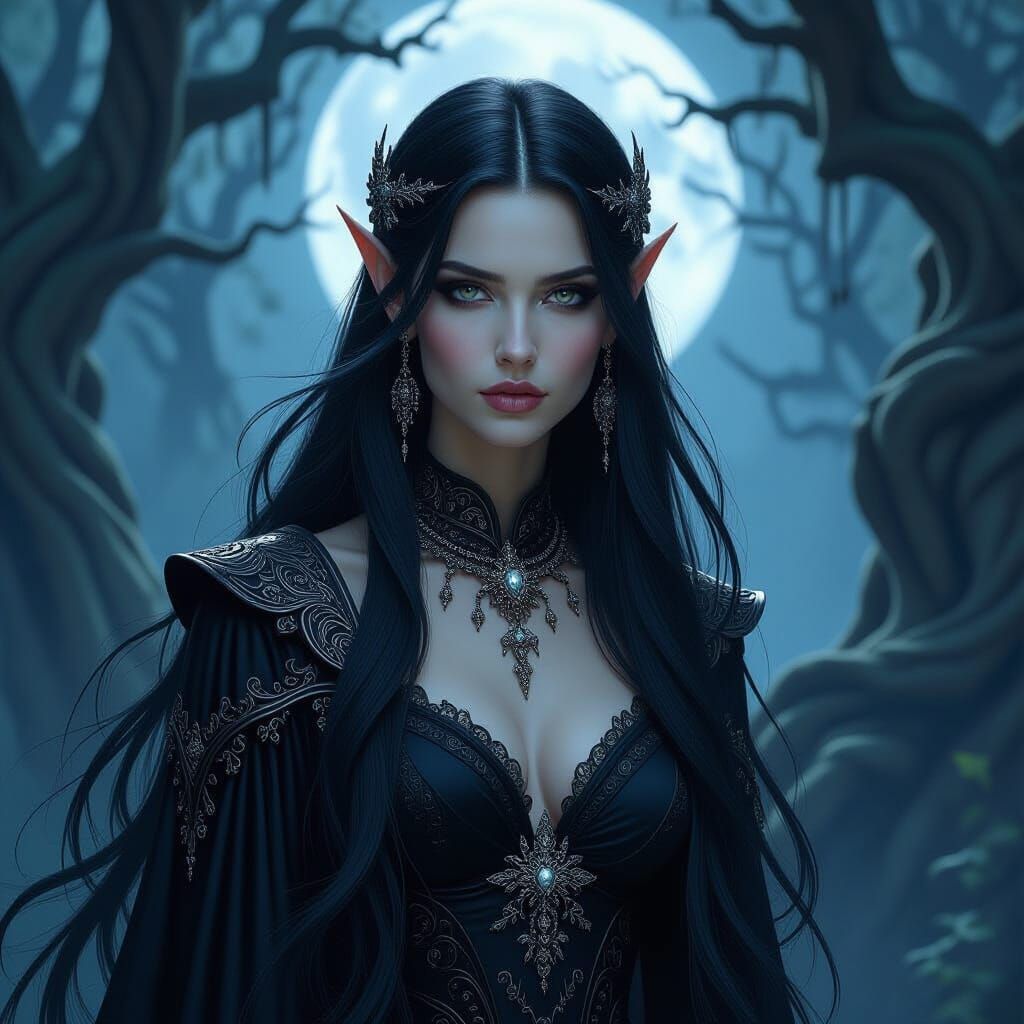 Gothic Elf Maiden in Moonlit Forest