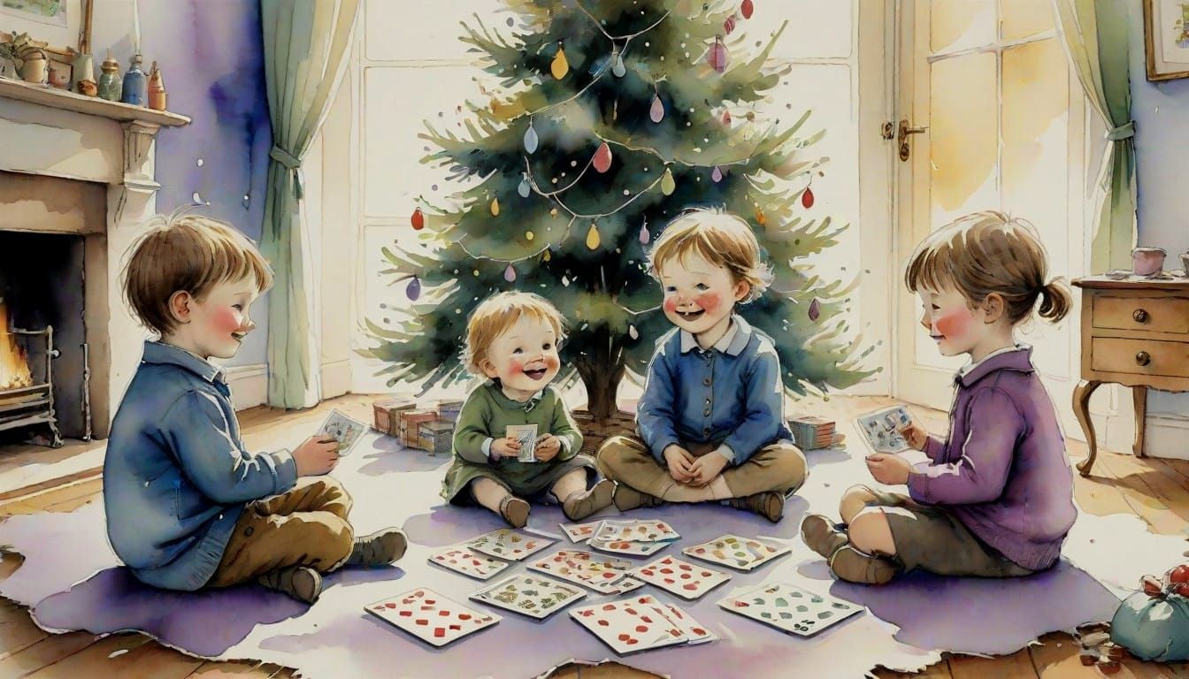 Whimsical Christmas Card Players Amidst Vibrant Purple Light...