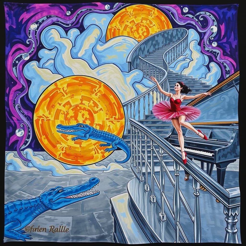 Hyperrealistic Ballerina with Red Shoes and Crocodiles