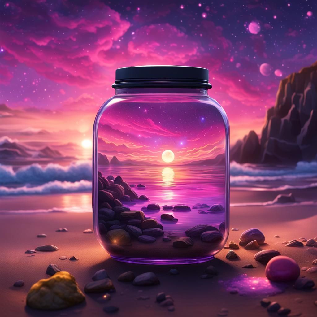 Galaxy in a Jar on a Colorful Beach