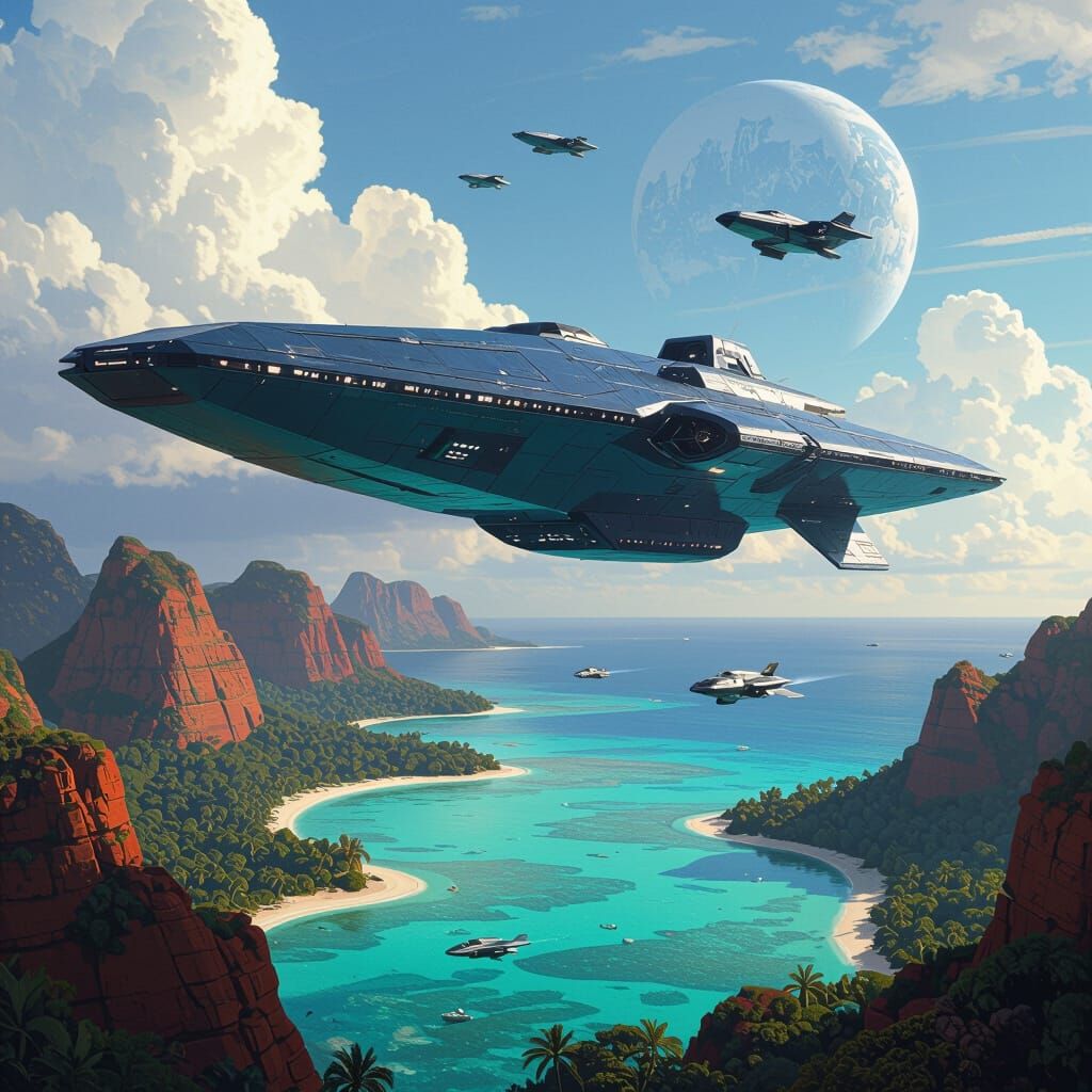 Massive Sci-Fi Spaceship Over Tropical Paradise