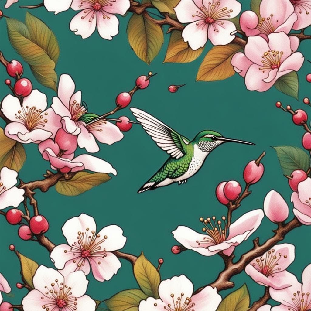 Hummingbirds with Tattoos Amid Cherry Blossoms